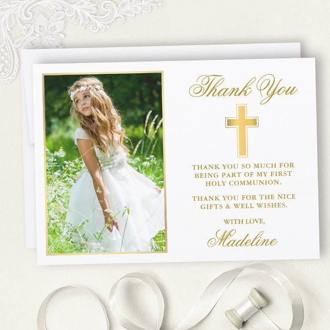 Elegant First Holy Communion Photo Gold Frame Thank You Card (Customize to add text or more photos to back of card.)