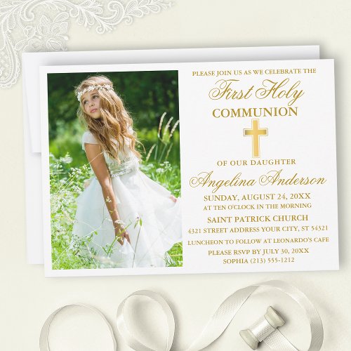 Elegant First Holy Communion Photo Gold Invitation