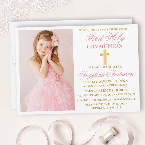 Elegant First Holy Communion Photo Pink and Gold Invitation