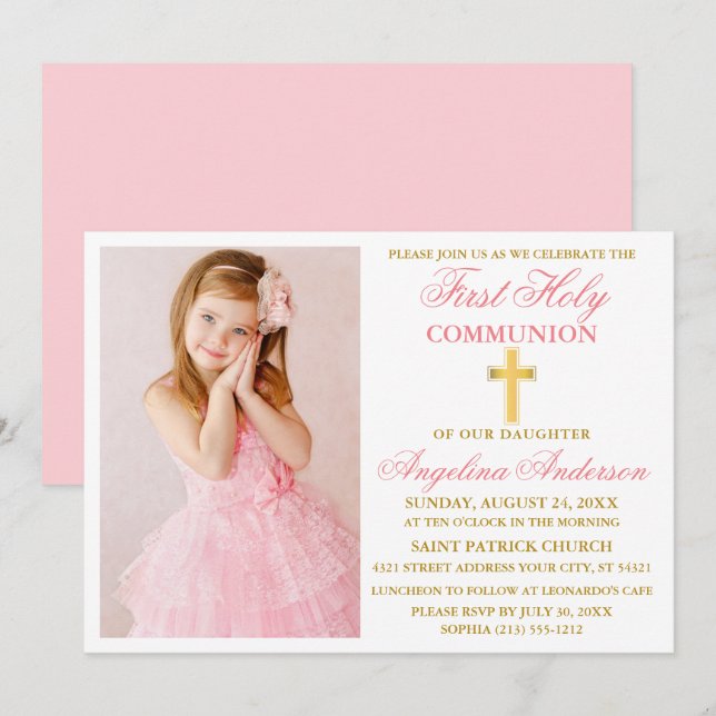 Elegant First Holy Communion Photo Pink Gold Invitation (Front/Back)