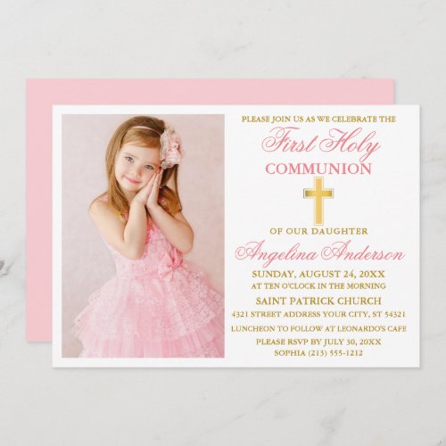 Elegant First Holy Communion Photo Pink Gold Invitation