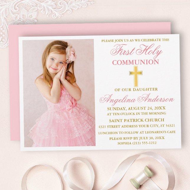 Elegant First Holy Communion Photo Pink Gold Invitation (Customize to change text color,  size, style or to change color of back of card.)