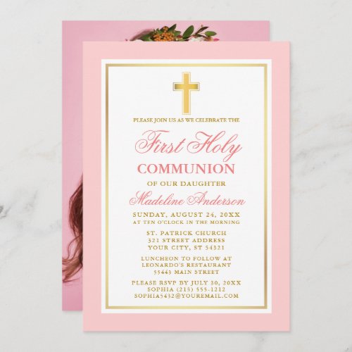 Elegant First Holy Communion Photo Pink Gold Invitation