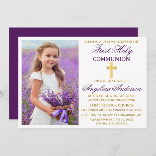 Elegant First Holy Communion Photo Purple Gold Invitation