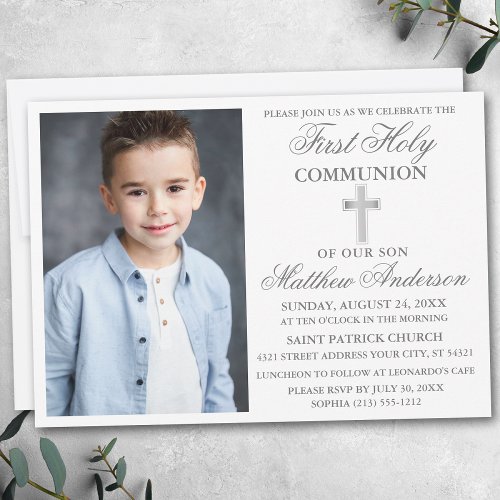 Elegant First Holy Communion Photo Silver Invitation