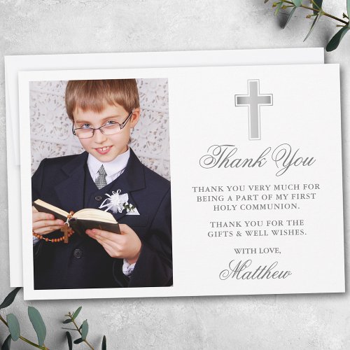 Elegant First Holy Communion Photo Silver Thank You Card