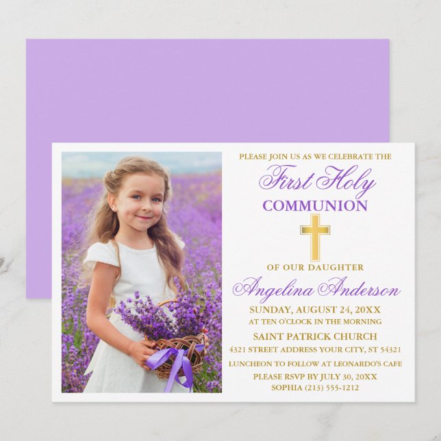 Elegant First Holy Communion Photo Violet Gold Invitation (Front/Back)