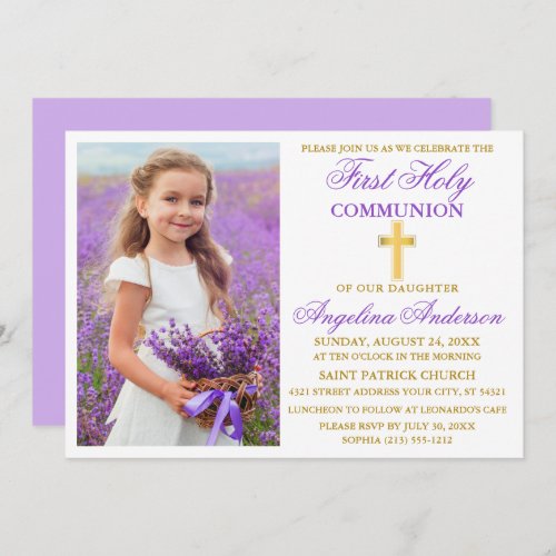 Elegant First Holy Communion Photo Violet Gold Invitation