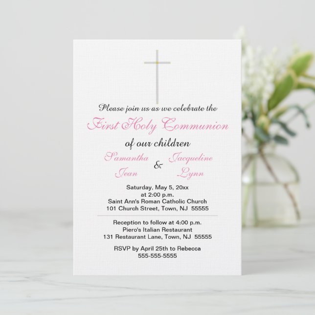 Elegant First Holy Communion Pink Twins Invitation (Standing Front)