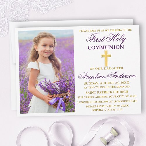 Elegant First Holy Communion Purple Gold Photo Invitation