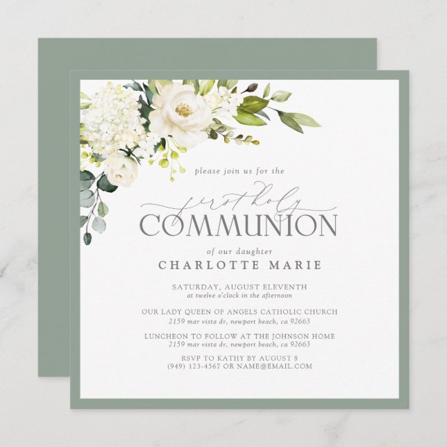 Elegant First Holy Communion Sage Green Floral  Invitation (Front/Back)