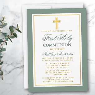 Elegant First Holy Communion Sage Green Gold Invitation
