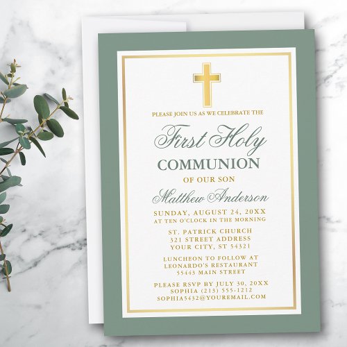 Elegant First Holy Communion Sage Green Gold Invitation