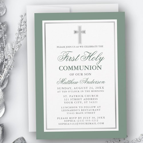 Elegant First Holy Communion Sage Green Silver Invitation