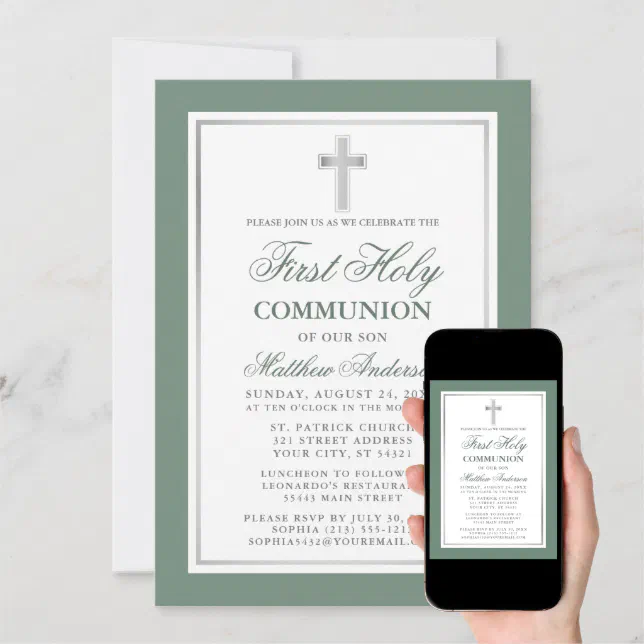 Elegant First Holy Communion Sage Green Silver Invitation | Zazzle