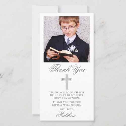 Elegant First Holy Communion Silver Thank You Card