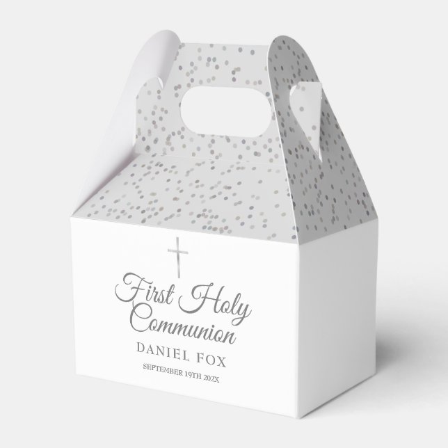 Elegant First Holy Communion Sliver Stardust Favor Boxes (Front Side)