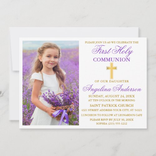 Elegant First Holy Communion Violet Gold Photo Invitation