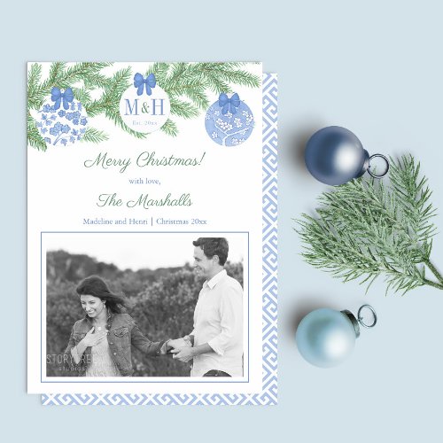 Elegant First Married Christmas Newlyweds Monogram Holiday Card