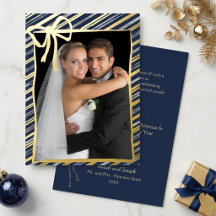 Elegant First Married Christmas Stripes & Bow Gold