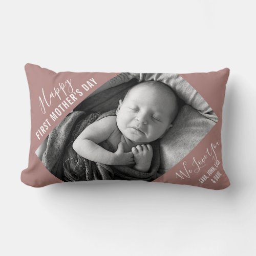 Elegant First Mothers Day Rose Gold Photo Name Lumbar Pillow