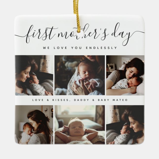 Elegant First Mother's Day Custom Photo Collage Ceramic Ornament (Front)