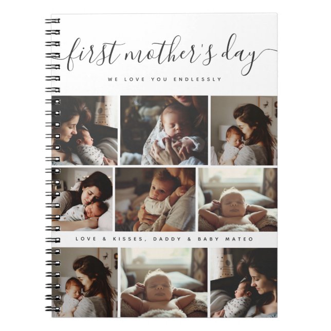 Elegant First Mother's Day Custom Photo Collage Notebook (Front)