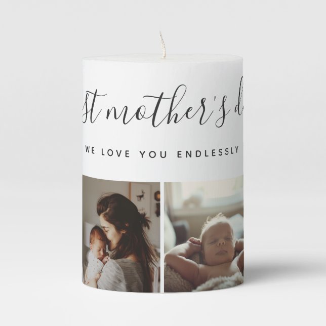 Elegant First Mother's Day Custom Photo Collage Pillar Candle (Front)
