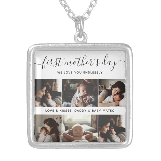 Elegant First Mother's Day Custom Photo Collage Silver Plated Necklace (Front)
