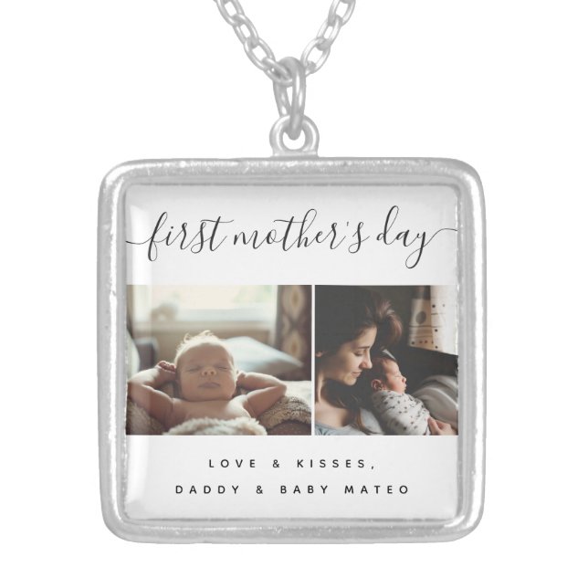 Elegant First Mother's Day Custom Photo Collage Silver Plated Necklace (Front)