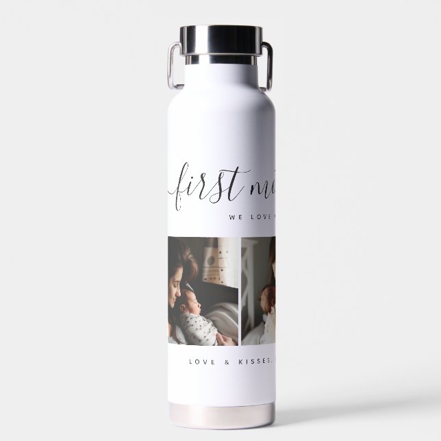 Elegant First Mother's Day Custom Photo Collage Water Bottle (Front)