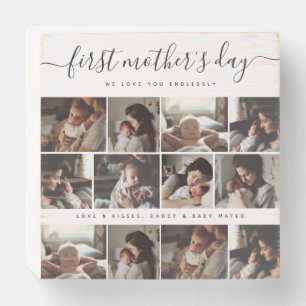 Elegant First Mother's Day Custom Photo Collage Wooden Box Sign