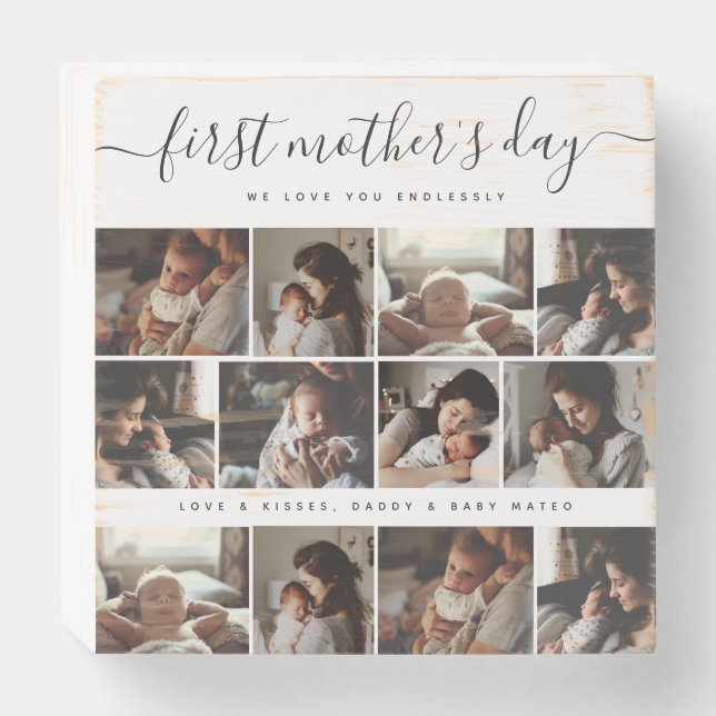 Elegant First Mother's Day Custom Photo Collage Wooden Box Sign (Front Horizontal)
