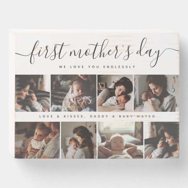 Elegant First Mother's Day Custom Photo Collage Wooden Box Sign (Front Horizontal)