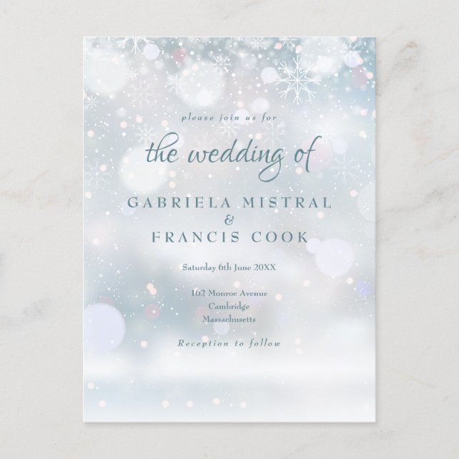 Elegant First Snowflakes Winter Wedding Invitation Postcard (Front)