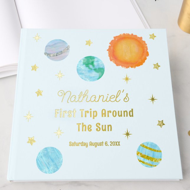 Elegant First Trip Around The Sun Boy's Birthday Foil Guest Book (Creator Uploaded)