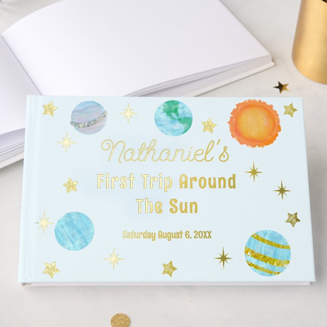 Elegant First Trip Around The Sun Boy's Birthday Foil Guest Book (Creator Uploaded)