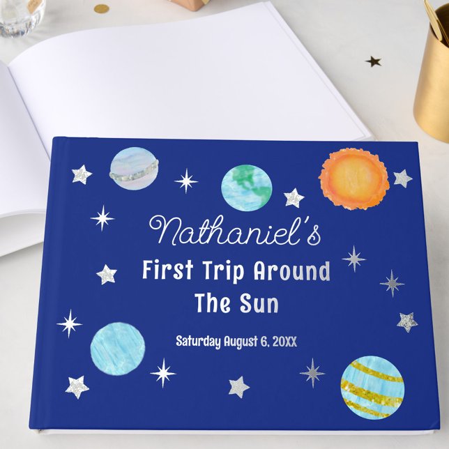 Elegant First Trip Around The Sun Boy's Birthday Foil Guest Book (Creator Uploaded)