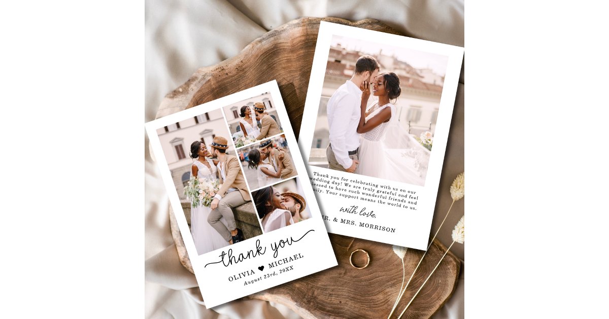 Elegant Five Photo Collage Script Wedding Thank You Card | Zazzle