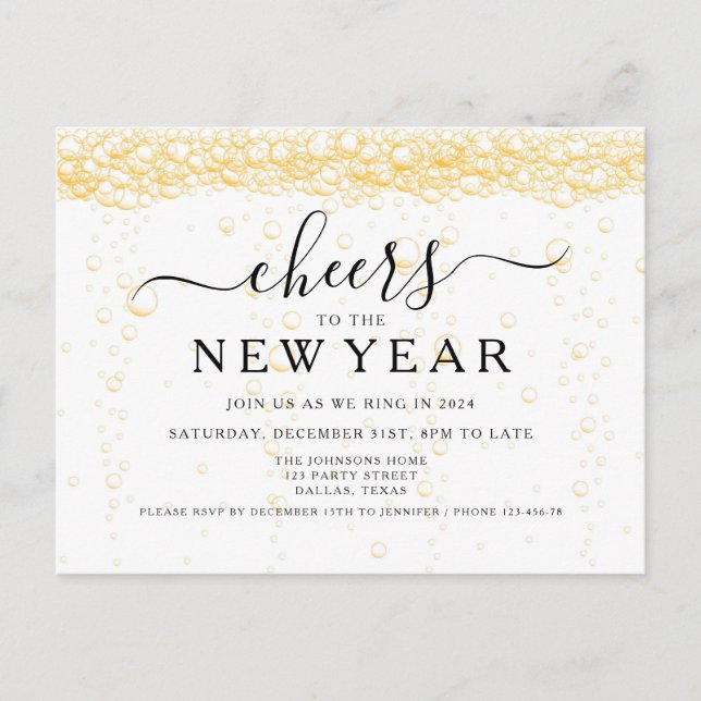 Elegant Fizz New Year's Eve Party Invitation Postcard (Front)