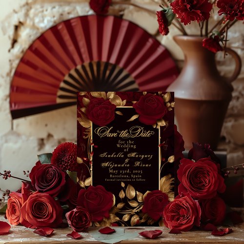 Elegant Flamenco Script Red Rose Save The Date