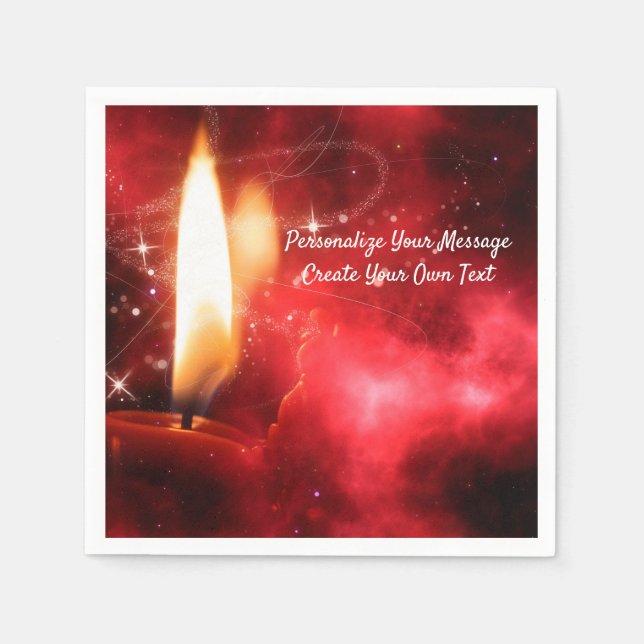 Elegant Flaming Candle on Red Personalize Napkins (Front)