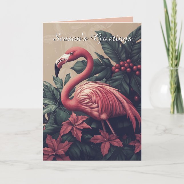 Elegant Flamingo and Poinsettia Christmas Card (Front)