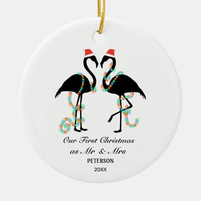 Elegant Flamingo First Christmas Married Photo Ceramic Ornament (Front)