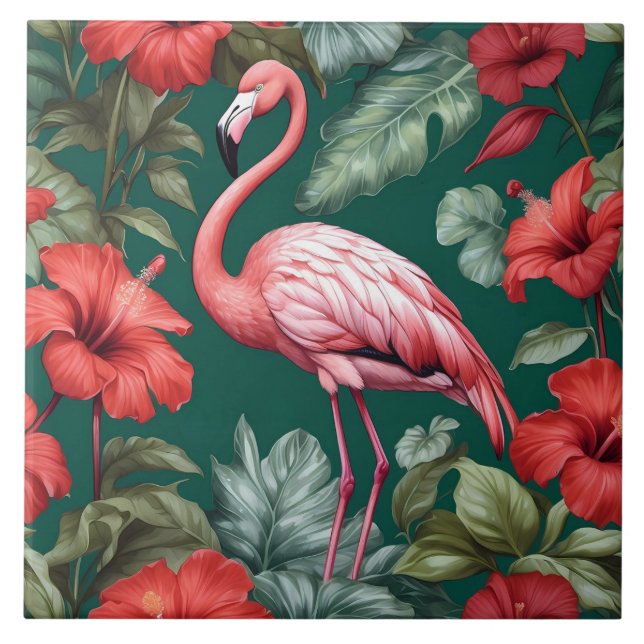 Elegant Flamingo Hibiscus Flowers Emerald Green Ceramic Tile (Front)