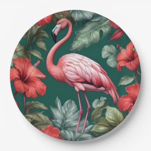 Elegant Flamingo Hibiscus Flowers Emerald Green Paper Plates
