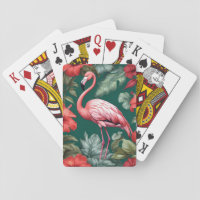 Elegant Flamingo Hibiscus Flowers Emerald Green Playing Cards