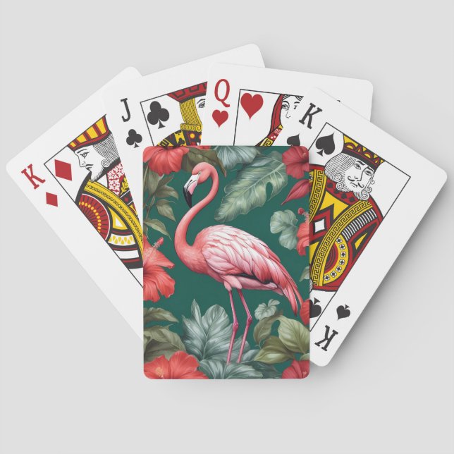 Elegant Flamingo Hibiscus Flowers Emerald Green Poker Cards (Back)