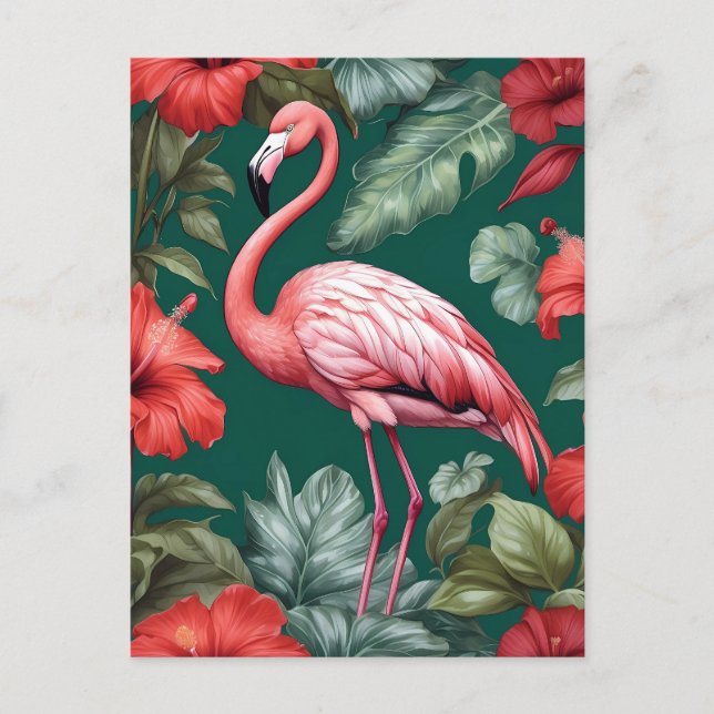 Elegant Flamingo Hibiscus Flowers Emerald Green Postcard (Front)