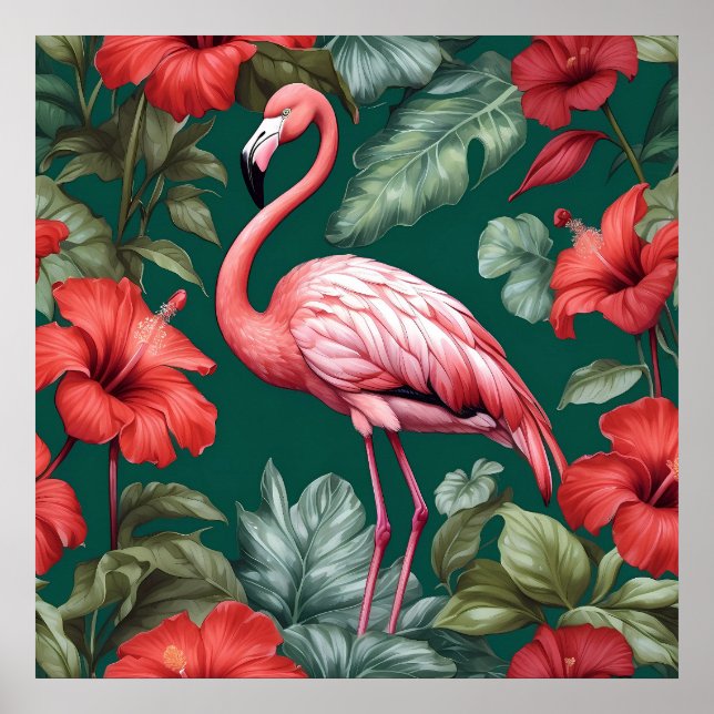 Elegant Flamingo Hibiscus Flowers Emerald Green Poster (Front)